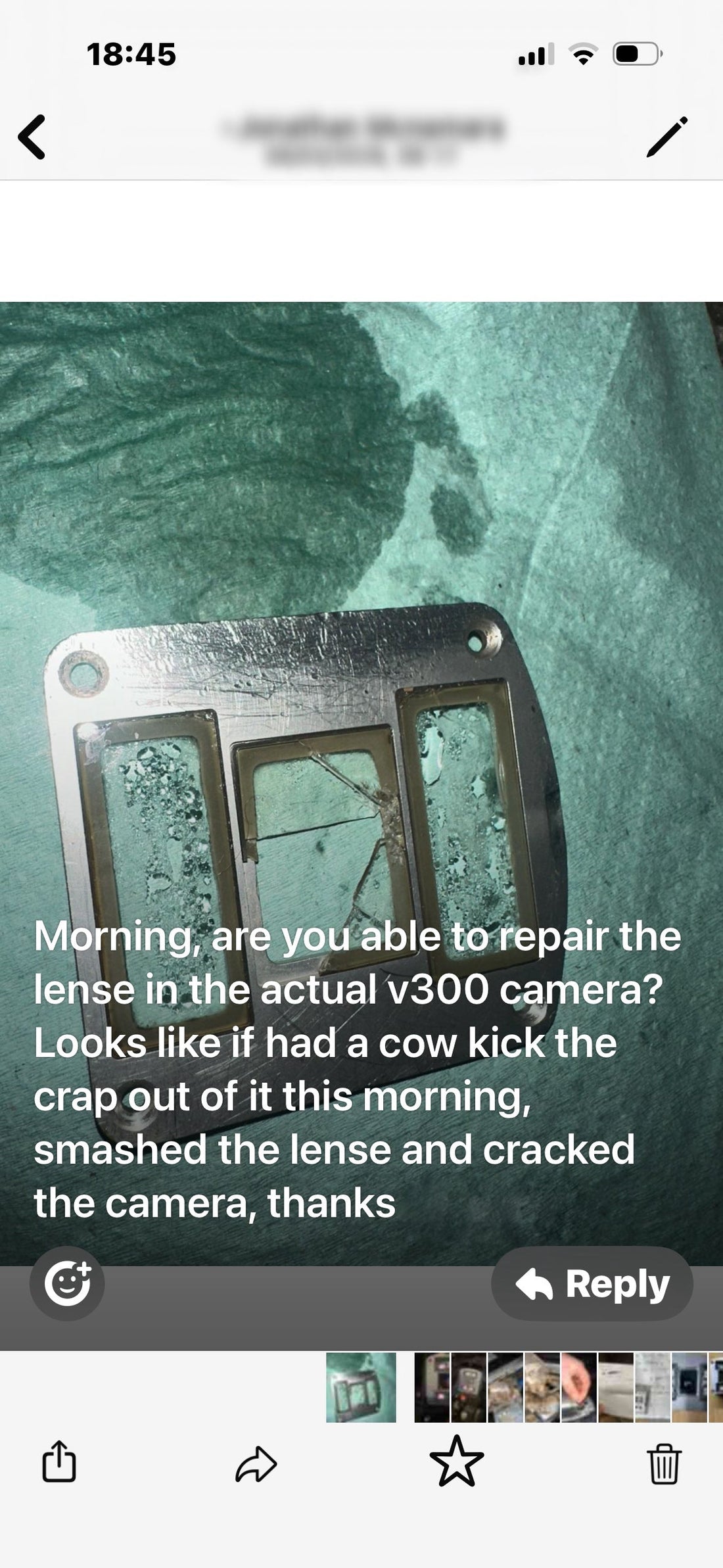 Damaged DeLaval V300 camera lens with cracked protective cover