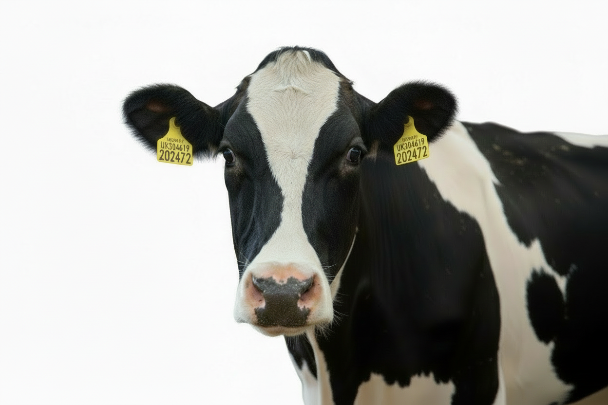 Holstein cow with UK304619 ear tags